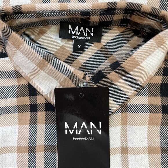 Boohoo Man Long Sleeve Checked Overshirt in Taupe Size Small - Picture 8 of 14